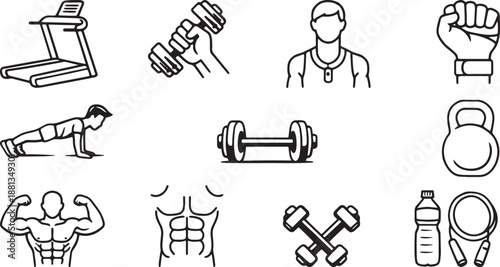 Fitness Gym Workout Icon Set Vector with Dumbbells Kettlebell Treadmill Muscles Exercise Line Art