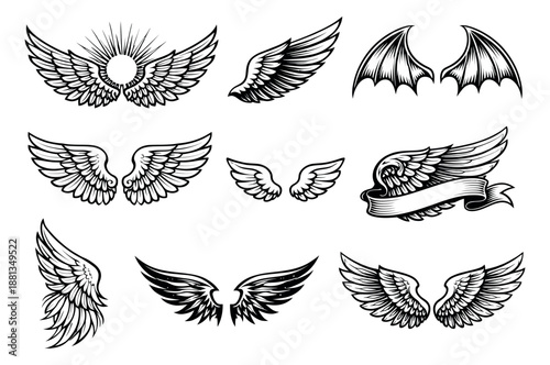 Vintage line art wings set featuring various stylized designs including feathered, demonic, and heraldic wings for logos, emblems, and graphic design