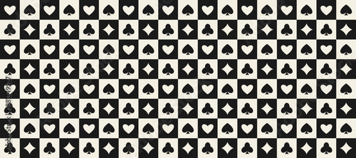 Seamless playing cards pattern. Vintage repeating spades, hearts, diamonds, clubs symbols background. Retro poker or casino table theme wallpaper. Repeated Vegas gambling concept texture. Vector