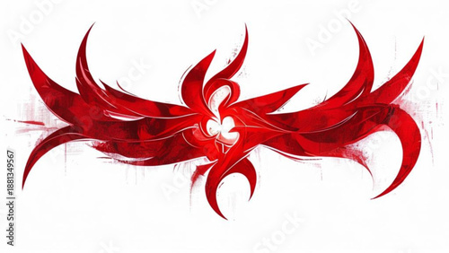 Red and white abstract background featuring a tribal phoenix flame design with ornate red and black ribbon swirls and floral vector elements for a decorative tattoo pattern