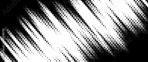 Rough dynamic halftone background. Black and white dotted diagonal pattern effect. Abstract jagged scratch stripes wallpaper. Sport banner design template. Grunge comic speed lines backdrop. Vector