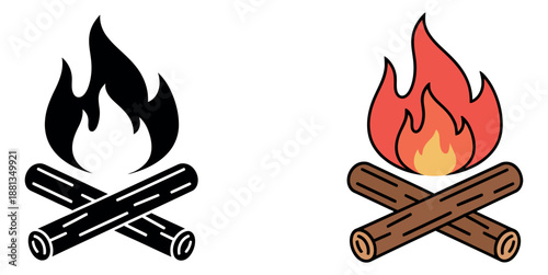 Modern campfire icon set featuring a burning flame and logs in both solid and colorful outline variations for outdoor activities