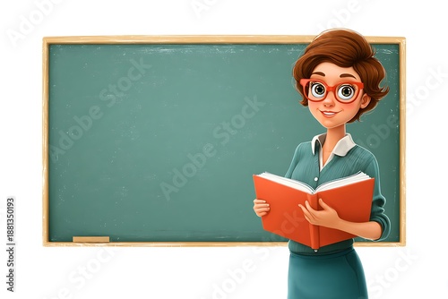 Vibrant clipart of a friendly female teacher holding a book in front of a chalkboard
