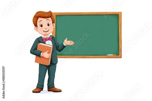 Friendly clipart of male school teacher standing in front of green chalkboard
