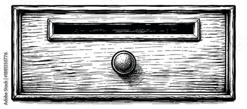 Hand drawn line art illustration of a wooden drawer depicting its front with a knob and label holder for storage and organization