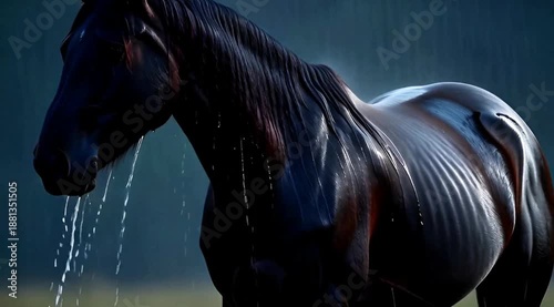 Majestic Wet Horse in Rain – Dramatic Close-Up of Soaked Black Stallion with Dripping Mane & Glistening Coat