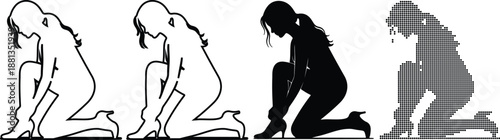 Woman Kneeling Down in Various Poses Isolated on White Background