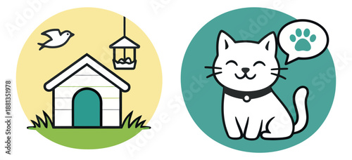 Cute line art pet care icons set featuring a dog house, bird, bird feeder, and a happy cat with a paw print for pet care services
