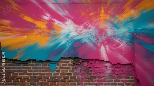Colorful abstract graffiti art painted on brick wall background
