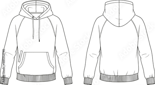 Hoodie technical flat sketch front and back view, unisex pullover garment drawing, detailed fashion template with hood, pocket, rib cuffs