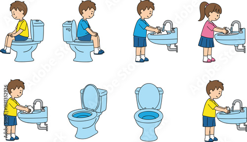 Kids toilet training and handwashing illustration set, children practicing bathroom hygiene, washing hands properly, educational clean habits graphics