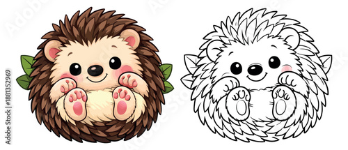 Cute cartoon hedgehog set featuring a happy hedgehog illustration with its line art version for kids' crafts and design projects