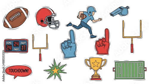A collection of American football themed illustrations including a ball, helmet, player, scoreboard, goal posts, foam fingers, trophy, and field.