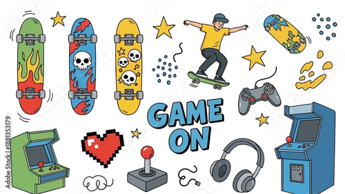 Vibrant doodle illustration featuring skateboards, a skateboarder, arcade machines, game controller, joystick, headphones, and a pixel heart with 'GAME ON' text.