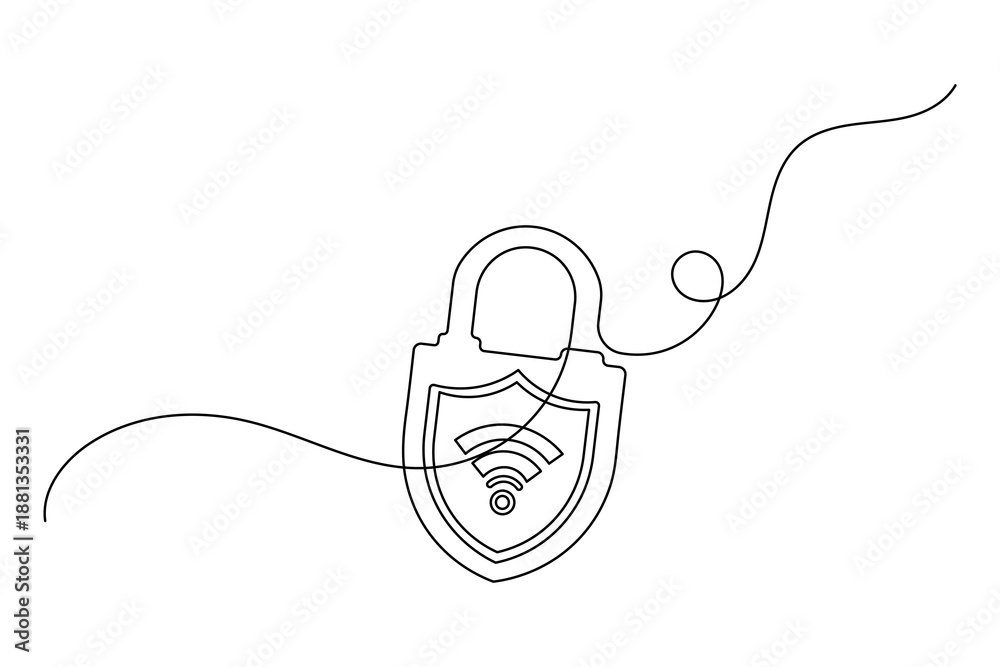 Obraz premium Wireless internet privacy lock icon continuous one line art minimalist outline vector illustration