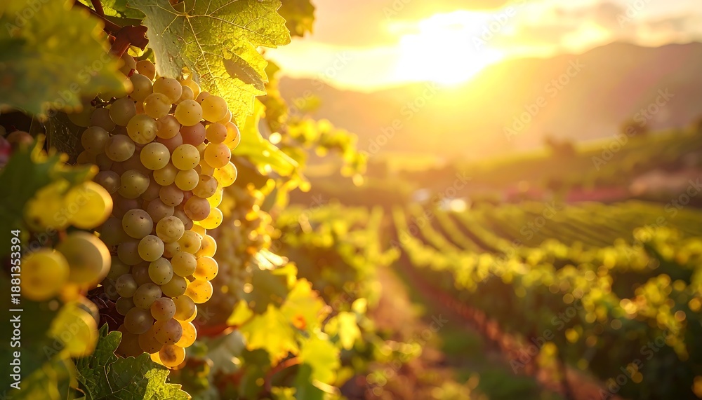 Obraz premium Golden Sunset Over Lush Vineyard with Ripe White Grapes.