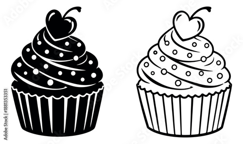 Hand drawn black and white cupcake set featuring a heart cherry and sprinkles for Valentine's day