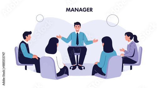 Manager leading team meeting, discussion, brainstorming session, office collaboration