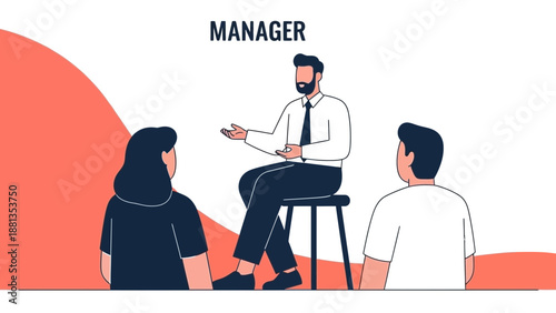 Manager leading team meeting, discussing plans, illustration