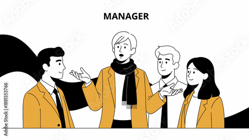 Manager leading team meeting, diverse colleagues discussing ideas, professional illustration