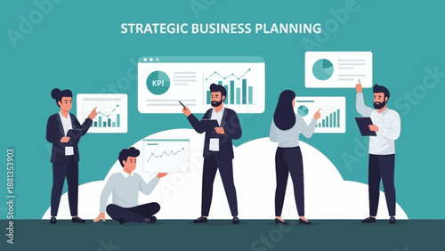 Strategic Business Planning Team Analyzing Data Charts and Graphs