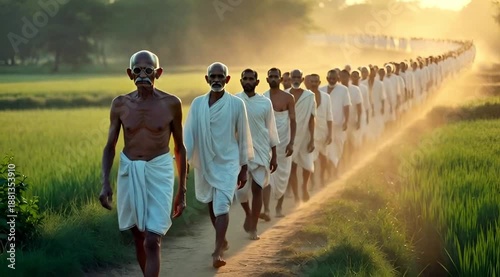 Farmers Walking in Rice Paddy Field – Group of Elderly Indian Men in White Dhoti at Golden Sunset Horizon