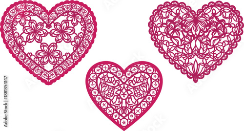 Ornamental pink lace heart vector collection with floral pattern for wedding decor, laser cut template, romantic Valentine's day greeting card design
