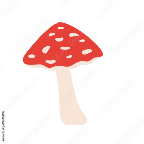 Red fly agaric mushrooms in flat vector style. Cute hand-drawn toadstool illustrations with different shapes and angles, isolated on white background. Forest fungi, fairy tale, botanical