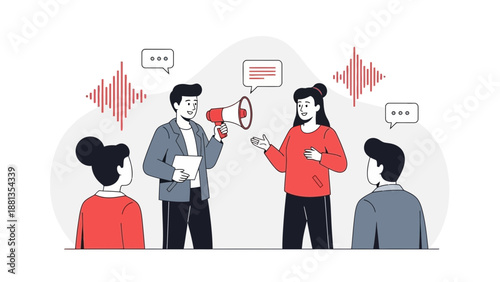 Business meeting with megaphone and sound waves, concept of communication