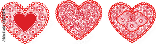 Decorative red lace heart vector set with floral and geometric patterns for wedding invitation, romantic Valentine's day greeting card design