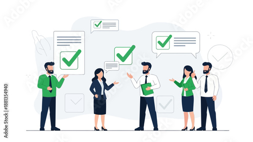Teamwork business meeting with checklist and approval icons