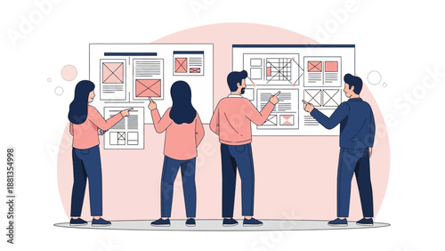 Team brainstorms digital interface design on large boards