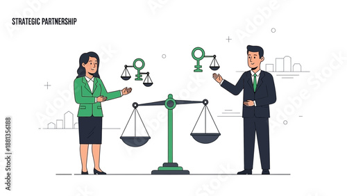 Business Partnership Balance - Woman and Man with Scales