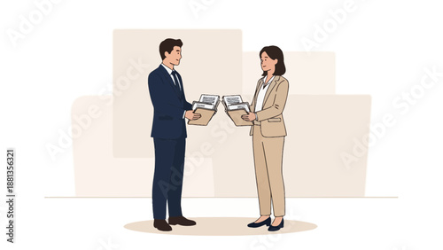 Business professionals exchanging documents in modern office setting