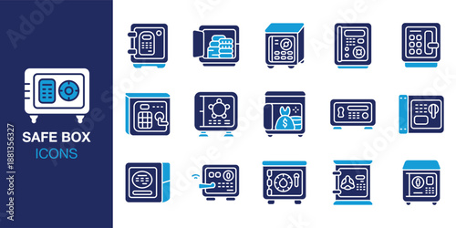 Safe Box Icon set. Containing metal, secure, protection, deposit, savings, money and more. Solid vector icons collection. Vector illustration.