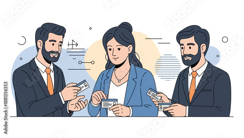 Business professionals exchanging identification cards, teamwork and networking concept