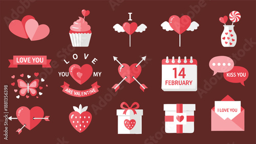 Valentine's Day Icons Set with Hearts, Gifts, and Love Symbols