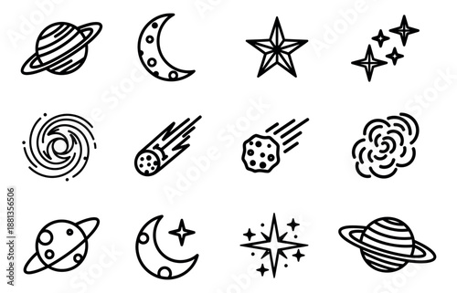 Line art space icons set featuring planets, stars, moons, galaxies, and comets for cosmic design and education