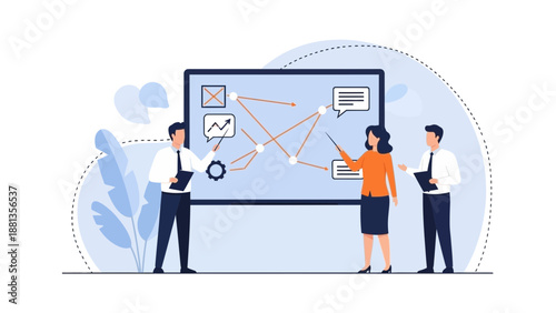Business Team Analyzing Strategy on Whiteboard with Connections and Icons