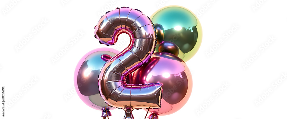 Naklejka premium Glittering Balloons with Central Number Two, Festive Party Decor, Transparent PNG, Colorful, Vibrant, Occasion ready