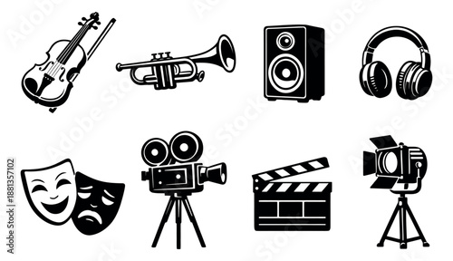 Graphic performing arts and media icon set featuring musical instruments, audio equipment, theater masks, and film production elements for creative design