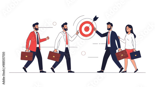 Business team collaboration towards shared goal, target achievement concept illustration
