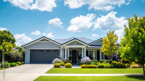 Charming Australian-style suburban home with a manicured lawn, bathed in natural daylight under a soft cloudy sky.
