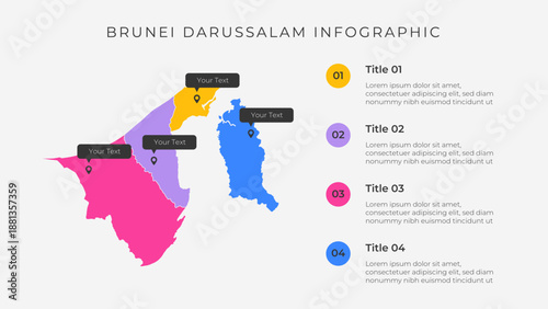 Brunei map infographic template with 4 options. Brunei administrative map infographic for presentation.