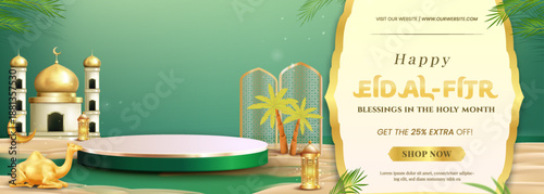 Happy Eid Al Fitr Banner With Mosque, Palm Trees, Gold Elements And Celebration Theme