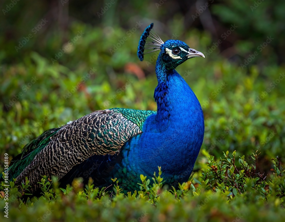 Obraz premium A majestic blue peacock stands amidst lush green foliage