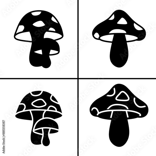 A set of four black mushroom icons, displayed in various shapes and styles. Simple flat silhouette design. Stock vector.