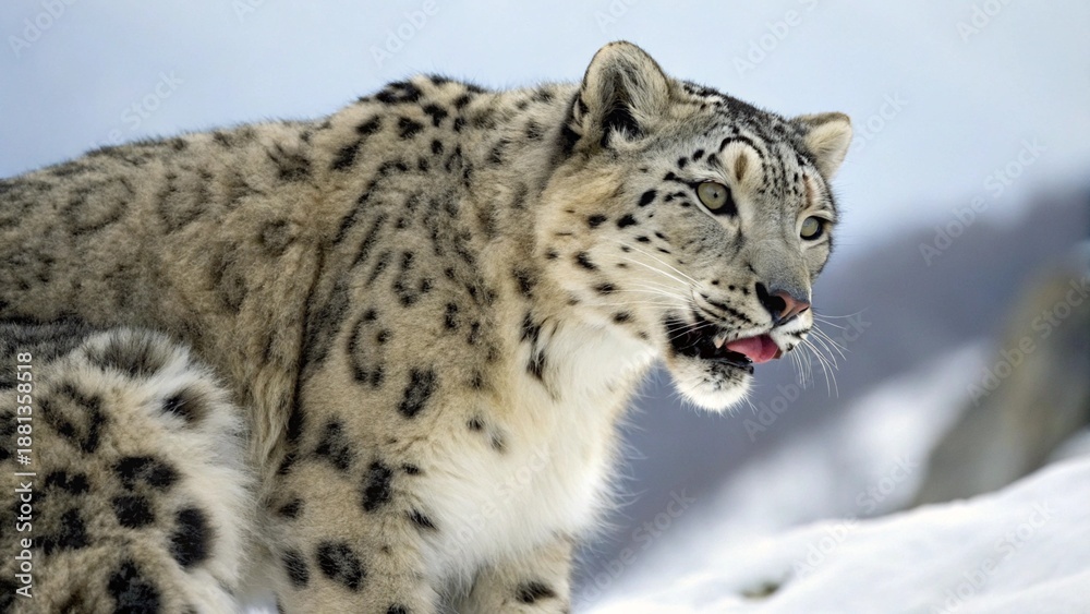 Obraz premium Close Up of Snow Leopard Walking on Snow With Playful Cute Expression