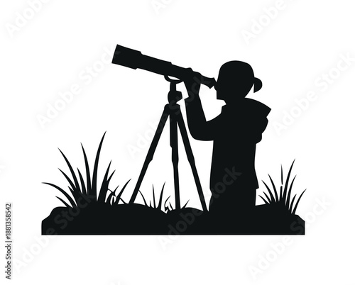 Silhouette illustration of a young person observing the night sky with a powerful telescope, symbolizing curiosity, scientific exploration, and the wonder of astronomy