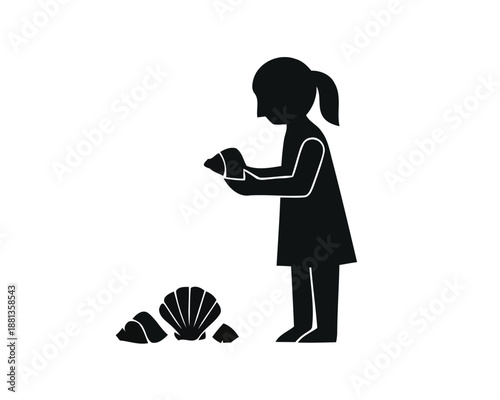 Silhouette of a child collecting seashells on a sandy beach, symbolizing childhood innocence and summer vacation